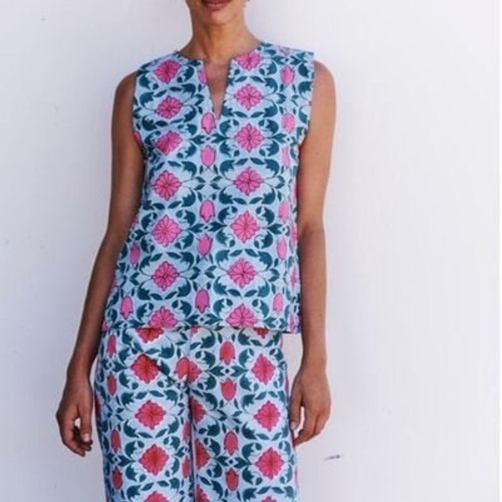 NWT SZ Blockprints Allegra Floral Top Lisbon Print Size Large Boho Cotton Travel